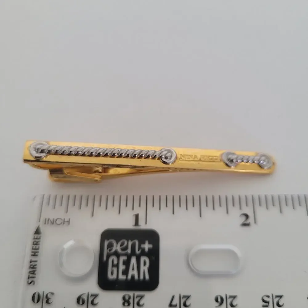 Nina Ricci Gold Silver Tone Tie Bar Clip‎ 2 Inch Logo Vintage Rope Clasp Germany